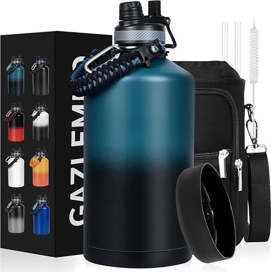 1 Gallon Water Bottle Insulated, Leak Proof 128 oz Stainless Steel Water Jug with Straw/Spout 2-in-1 Lid, Sleeve, Paracord Handle, Silicone Boot, One Gal Metal Canteen for Gym Sport Camping-GravixFit