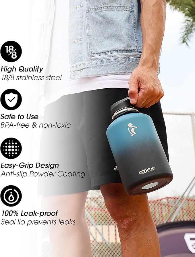 Coolflask 64 oz Water Bottle Insulated with Strap, Half Gallon Water Jug Stainless Steel with Straw & Spout Lids, Metal Large Water Flask, Keep Cold 48h Hot 24h, Leak Proof & Non-BPA, Prussian Blue-GravixFit