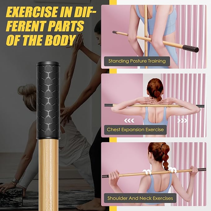 Bamboo Stretch Yoga Stick, 5ft/149 cm, Flexibility Stick for Physical Therapy, Premium Yoga Dowel with Super Sturdy Rubber Handle Ends, Exercise Bar for Posture Corrector-GravixFit