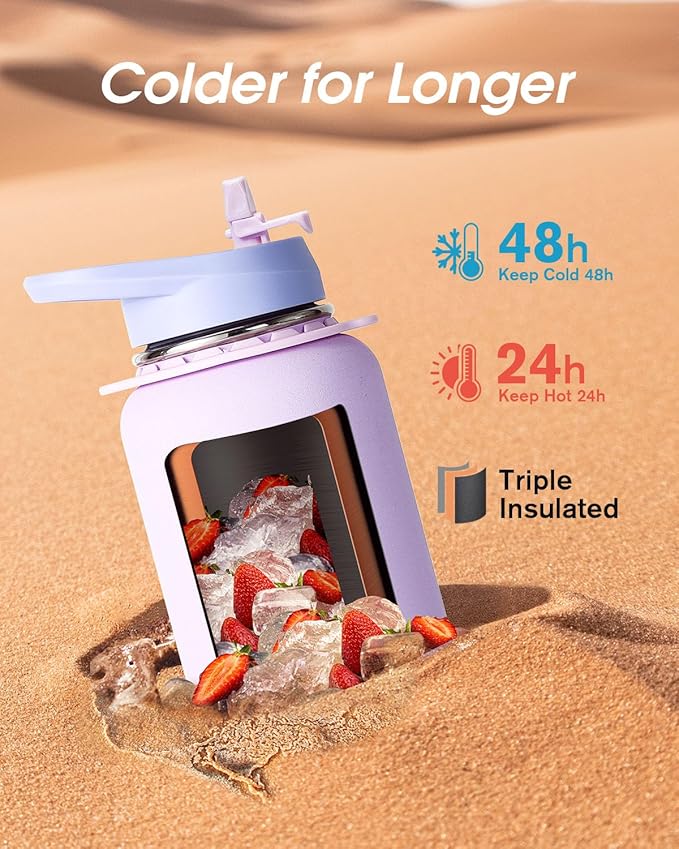 Coolflask Water Bottle with Straw, 32 oz Insulated Metal Water Flask with Straw & Spout Lids, Stainless Steel Double Wall Vacuum, Keep Cold 48h Hot 24h, Leak Proof & Non-BPA, Lavender-GravixFit