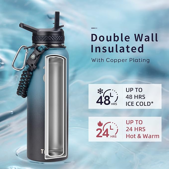 Trebo Water Bottle Insulated 40oz with Paracord Handle, Vacuum Double Wall Stainless Steel Water Jug, 48hr Cold Retention, Leakproof BPA-Free Flask With 3 Lids Fits in Car Cup Holder, Indigo/Black-GravixFit