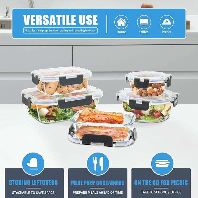 12 Pack Glass Food Storage Containers with Airtight Lids for Meal Prep, Leftover, BPA-Free, Leak-Proof, Freezer to Microwave Safe (12 Lids & 12 Containers)-GravixFit