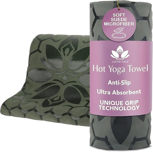 Clever Yoga Non-Slip Hot Yoga Towel – Non-Slip Grip for Hot Yoga, Sweat Absorbent, Honeycomb Silicone Grip, Stays Flat – Ideal for Pilates, Travel, Washable & Lightweight - Olive-GravixFit