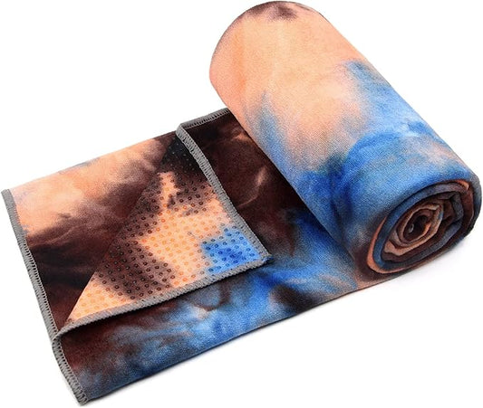 Eunzel Yoga Towel,Hot Yoga Mat Towel with Grip Dots Sweat Absorbent Non-Slip for Hot Yoga, Pilates and Workout 24" x72", Blue & Brown-GravixFit