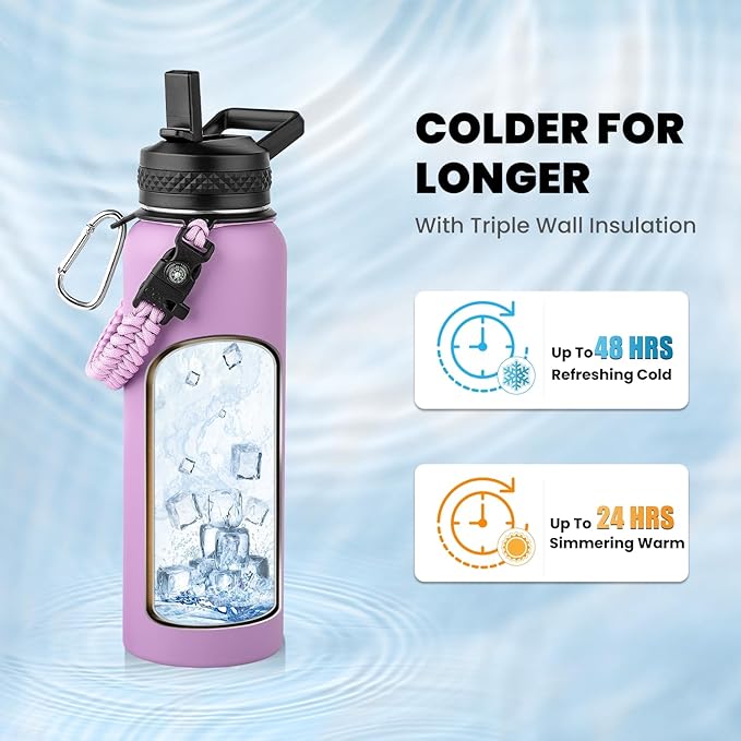 Insulated Water Bottle 40 oz, Triple Wall Vacuum Stainless Steel (Cold for 48 Hrs), Leak Proof & Non-BPA, Modern Water Flask Jug with Paracord Handle & Straw Spout Lids, Lilac-GravixFit
