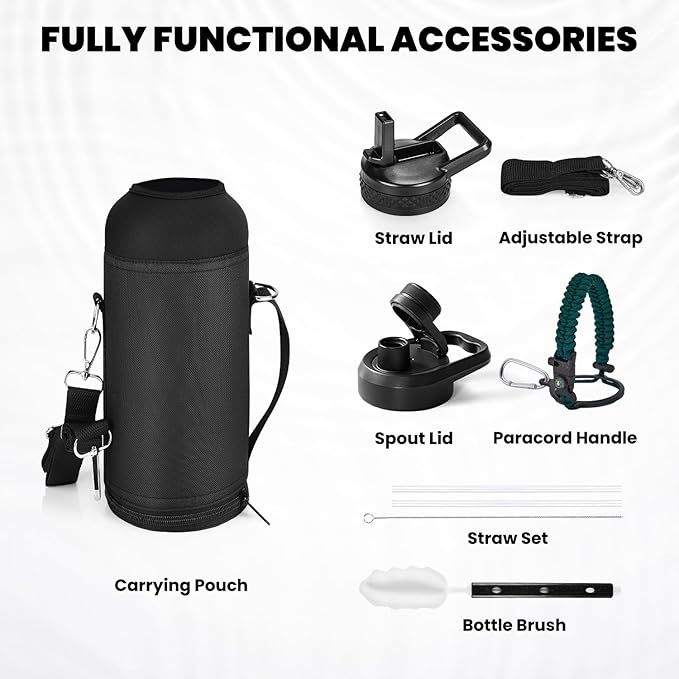 Insulated Water Bottle 40 oz, Triple Wall Vacuum Stainless Steel (Cold for 48 Hrs), Leak Proof & Non-BPA, Modern Water Flask Jug with Paracord Handle & Straw Spout Lids, Dark Green-GravixFit