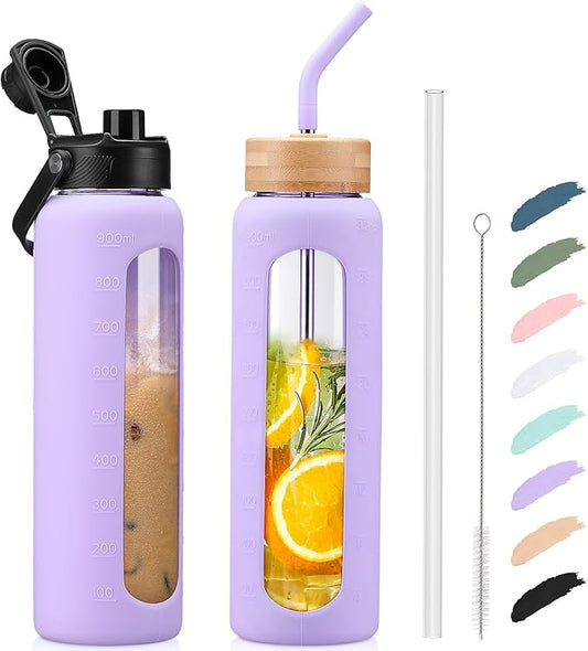 Kodrine Water Bottle with Straw, 24 oz Glass water Bottle with 2 Lids Bamboo Straw Lid and Spout Lid with Handle, 32 oz Clear Water Bottle Glass for Sports Travel, Waterbottle with Time Marker-GravixFit
