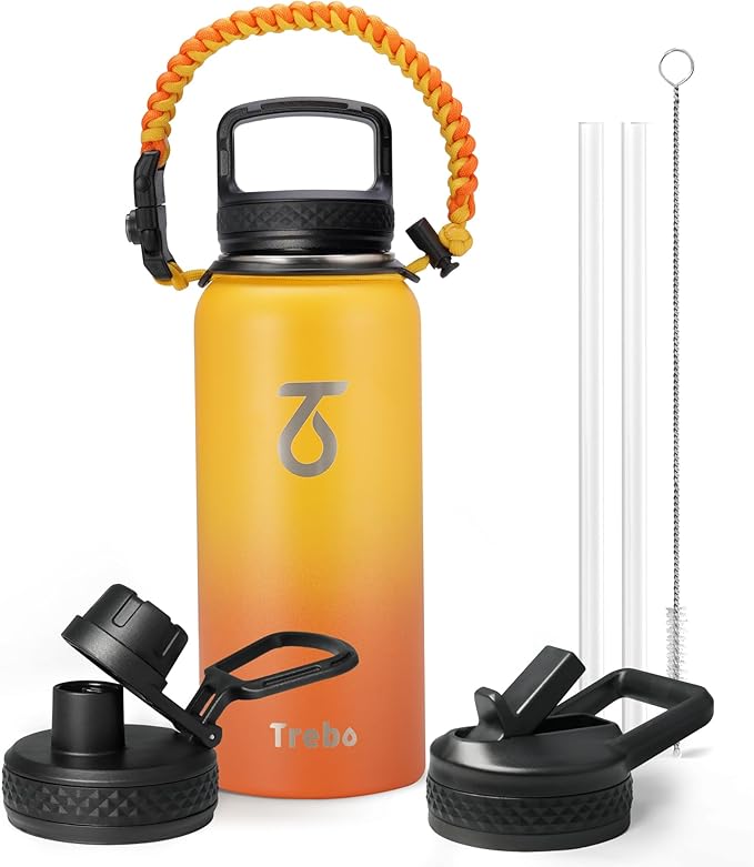 Trebo 32oz Water Bottle Insulated with Lid and Straw,Double Wall Vacuum Stainless Steel Metal Tumbler Sports Flask with Paracord Handle, Keep Hot 24 Hours & Cold 48 Hours Water Cup with 3 Lids, Orange-GravixFit