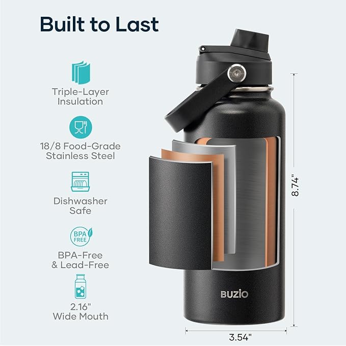 BUZIO Stainless Steel Water Bottle (Cold for 48 Hrs, Hot for 24 Hrs), 32 oz Vacuum Insulated Water Bottle with Straw Lid and Flex Cap (Double Wall, Wide Mouth, BPA Free, Leak Proof), Black-GravixFit