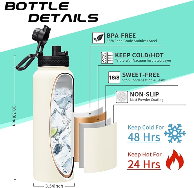 40oz Insulated Water Bottle - w/Straw Spout Lid, Bottle Holder with Strap, Paracord Handle, Protective Bottom Boot, Stainless Steel Metal Thermo Jug Flask Cold 48h & Hot 24h, Cream White-GravixFit
