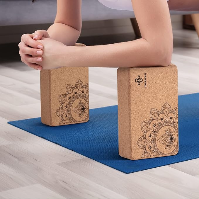 Overmont Cork Yoga Blocks 2 pack with 8ft Strap Natural Cork Bricks- High Density & Eco Friendly Yoga Accessories for Women - Ideal for Yoga Pilates General Fitness and Stretching 9x6x3''-GravixFit