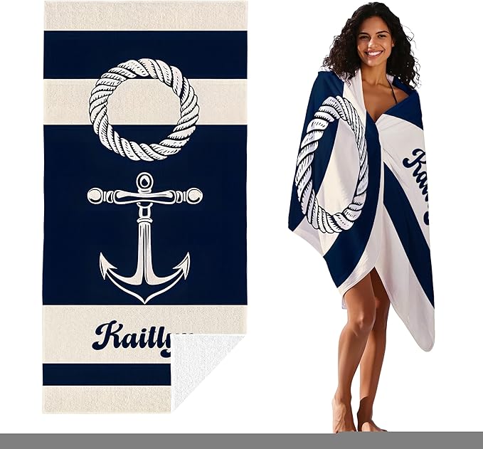 JML Personalized Beach Towel with Name, Custom Anchor Beach Towel, Customized Microfiber Pool Towel, Quick Dry & Absorbent Swim Towel for Adult,Mother's Day, Birthday, Summer Holiday,Vacation-GravixFit