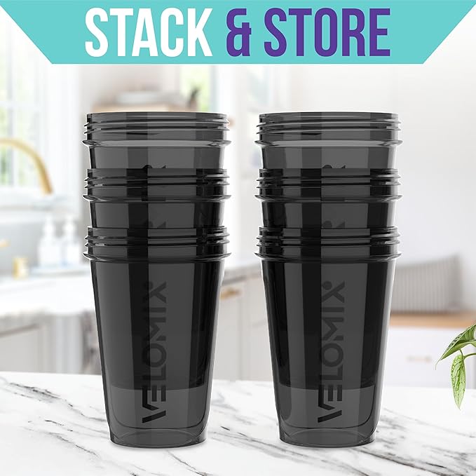 '-6 PACK- Shaker Cups for Protein Shakes 20 oz - 6x Wire Whisk | Leak Proof Protein Shaker Bottle for Protein Shakes, Shaker Bottle Pack for Pre & Post Workout, Shaker Cup (ALL IN BLACK)-GravixFit