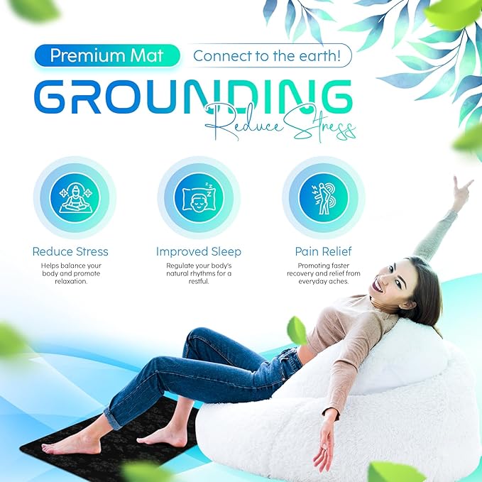 Grounding Mat for Feet, Chair & Yoga | Earthing Grounding Mat for Pain Anxiety Pain Relief, Inflammation | Spacious Grounding Pads for Sleep & Wellness | Includes Grounding Tester, Cable & Mat Tester-GravixFit