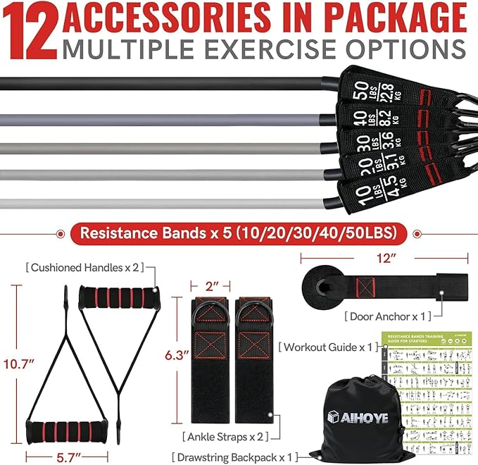 Aihoye Resistance Bands for Working Out, Exercise Bands with Handles, Stretch Bands for Exercise, Workout Bands with Door Anchors for Physical Therapy & Strength Training-GravixFit