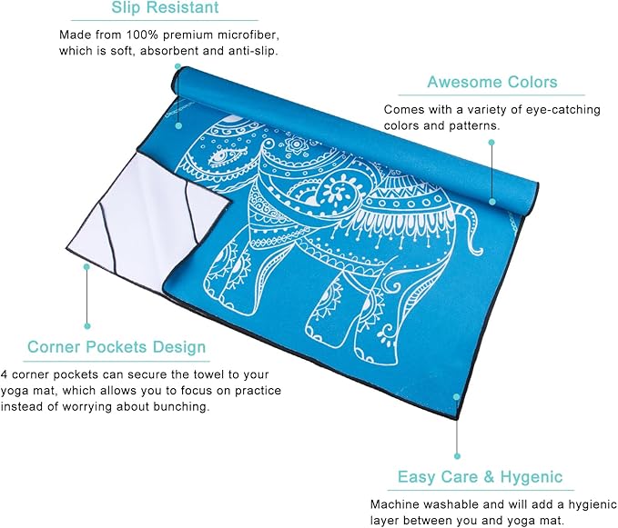 QiyI Yoga Mat Towel with Corner Pockets, Non Slip Sweat Absorbent Hot Yoga Towels, Soft Yoga Blankets with Travel Bag, Skidless Mat Cover for Workout, Gym, Fitness - 70"x26", Blue Mandala Elephant-GravixFit