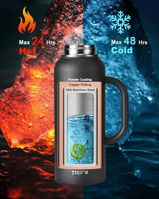 40 oz Insulated Water Bottle with Straw and Lid, Food-grade Double Wall Vacuum Stainless Steel Flask with Handle,Leakproof Metal Travel Jug With Carry Pouch and Brush,Keep Cold & Hot,Black-GravixFit