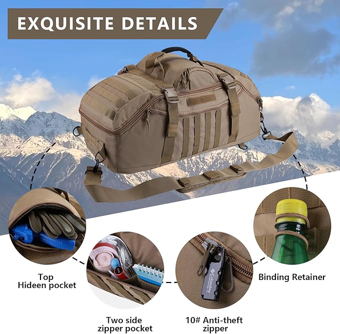 65L Large Duffle Bag, 3-in-1 Tactical Backpack MOLLE Pack for Sports, Gym, Outdoor, Coyote-GravixFit