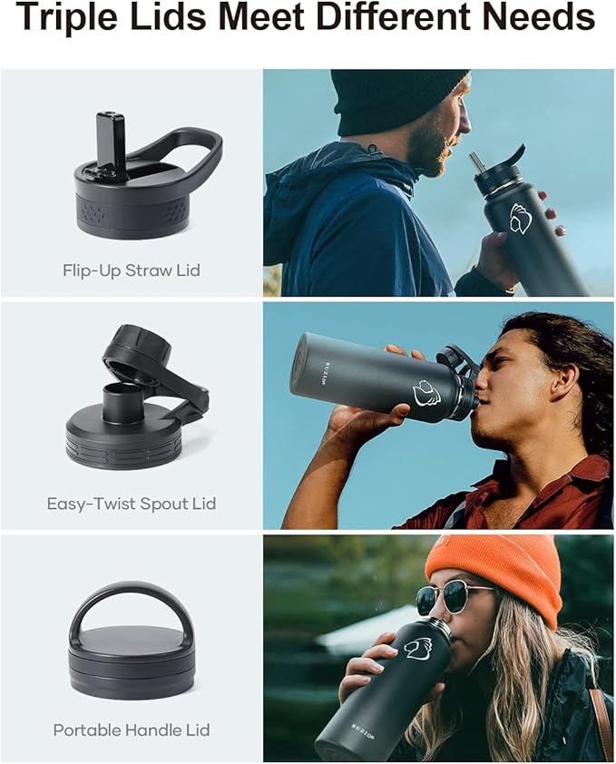 BUZIO 40 oz Water Bottle Insulated with Straw & 3 lid and Carrying Pouch, Leak Proof Anti-Slip Stainless Steel Water Flask Jug, Cold for 48 Hrs Double Vacuum Thermo Canteen, BPA-Free, Shadow-GravixFit