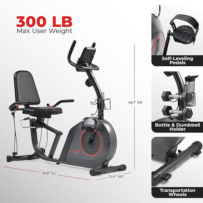 Sunny Health & Fitness Smart Heavy-Duty Recumbent Bike w/Wide Cushioned Seat & Back, Indoor Cycling Machine for Adult/Seniors Home Exercise, Free SunnyFit App Connect, Optional Workout Training Bands