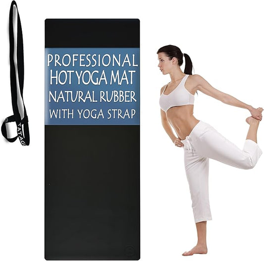 Tatago Hot Yoga Mat Non Slip-Professional Grade Natural Rubber Yoga Mat, Pliates Mat, Stretching Mat or exercise mats for home workout. Nonslip for Hot and Sweaty Classes. Includes Yoga Strap for Carrying and Stretching too.-GravixFit