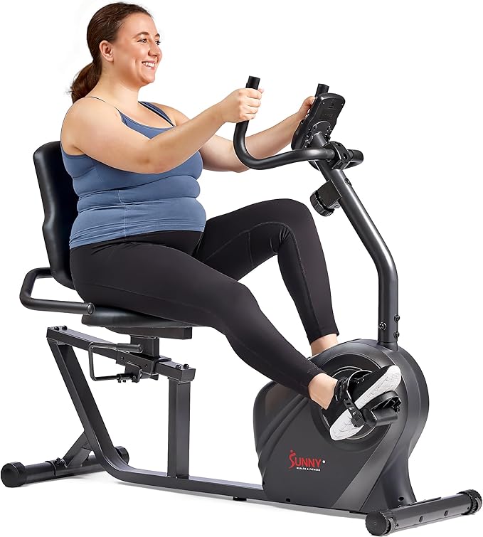 Sunny Health & Fitness Smart Heavy-Duty Recumbent Bike w/Wide Cushioned Seat & Back, Indoor Cycling Machine for Adult/Seniors Home Exercise, Free SunnyFit App Connect, Optional Workout Training Bands-GravixFit