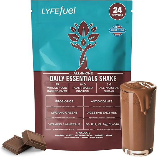 LyfeFuel All-in-One Essentials Nutrition Shake | Complete Meal Replacement Powder | 50+ Superfood Blend, 18g Plant-Based Protein - Chocolate, 24 Servings-GravixFit