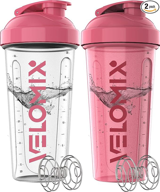 '-2 Pack- 28 oz Protein Shaker Bottles for Protein Mixes - 2x Wire Whisk | Leak Proof Shaker Cups for Protein Shakes | Protein Shaker Bottle Pack (Pink/Transparent)-GravixFit
