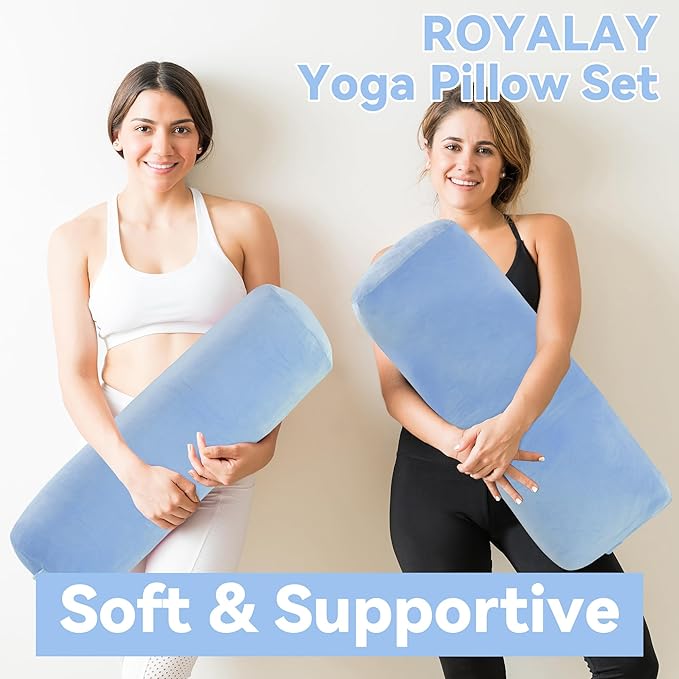 ROYALAY 2 Pcs Yoga Bolster Pillow for Restorative Yoga, Rectangular and Cylinder Meditation Pillow Set with Carrying Handles, Supportive Cushion for Exercise Workout Stretching Meditation,Sky Blue-GravixFit