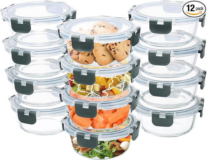 12 Pack Small Glass Food Storage Containers with Lids Airtight, 13oz Leak-Proof Meal Prep Containers Set, Freezer to Microwave Safe, Dishwasher Safe-GravixFit