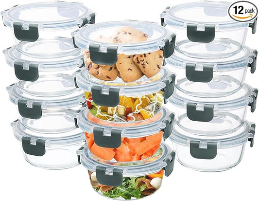12 Pack Small Glass Food Storage Containers with Lids Airtight, 13oz Leak-Proof Meal Prep Containers Set, Freezer to Microwave Safe, Dishwasher Safe-GravixFit