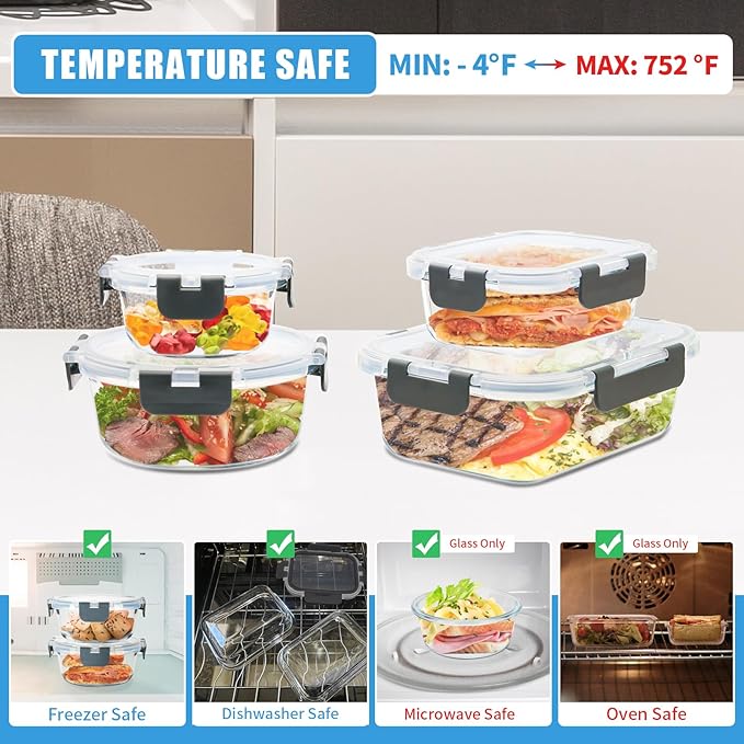 12 Pack Glass Food Storage Containers with Airtight Lids for Meal Prep, Leftover, BPA-Free, Leak-Proof, Freezer to Microwave Safe (12 Lids & 12 Containers)-GravixFit