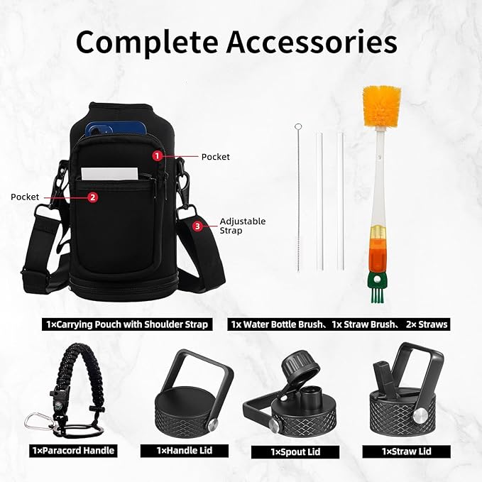 Insulated Water Bottle 64oz,Triple Wall Vacuum Stainless Steel(Dishwasher Safe),Leak Proof & Non-BPA,Flask Jug with Paracord Handle & Straw Spout Lids Sports-GravixFit