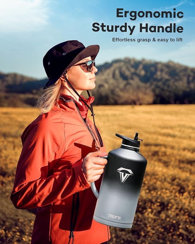 128 oz Insulated Water Bottle with Straw and Lid, One Gallon Stainless Steel Cup with Handle,Leakproof Metal Travel Jug Flask Mug Tumbler Cup With Carry Pouch and Brush,Keep Cold & Hot,Grey-GravixFit