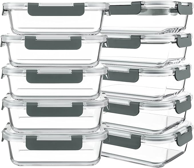 10 Packs 30 oz Glass Meal Prep Containers,Glass Food Storage Containers with Lids,Airtight Lunch Bento Boxes,Microwave,Freezer and Dishwasher,Gray-GravixFit