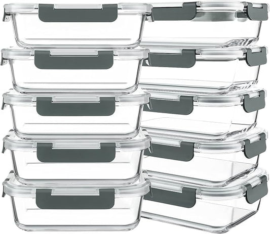 10 Packs 30 oz Glass Meal Prep Containers,Glass Food Storage Containers with Lids,Airtight Lunch Bento Boxes,Microwave,Freezer and Dishwasher,Gray-GravixFit