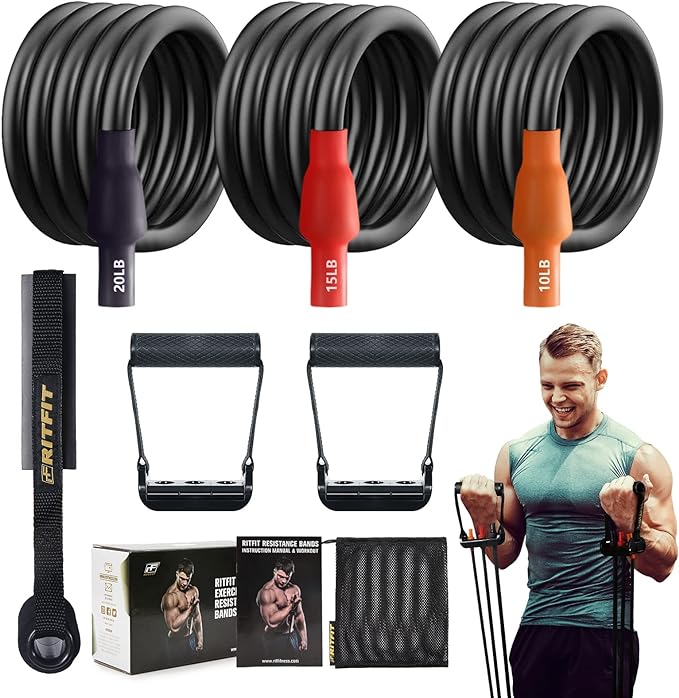 RitFit Single Resistance Exercise Band with Comfortable Handles - Ideal for Physical Therapy, Strength Training, Muscle Toning - Door Anchor and Starter Guide Included-GravixFit