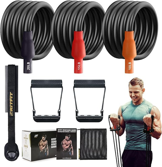 RitFit Single Resistance Exercise Band with Comfortable Handles - Ideal for Physical Therapy, Strength Training, Muscle Toning - Door Anchor and Starter Guide Included-GravixFit