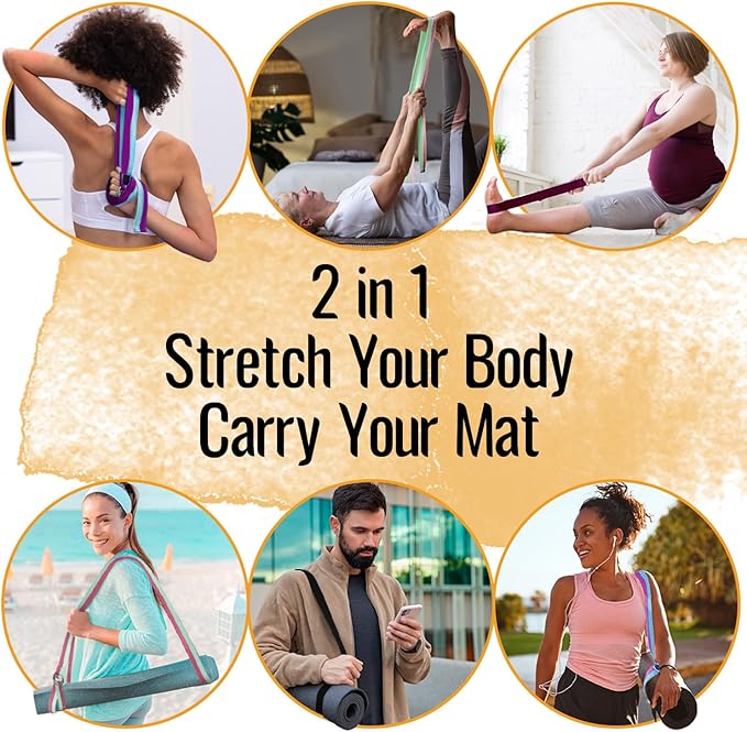 TECEUM Yoga Strap & Mat Strap – 2 IN 1 – Cotton – 6 ft 8 ft 10 ft (30+ colors) – Adjustable Non-Slip Belt for Yoga, Pilates, Stretching, Physical Therapy, Fitness & Home Workout – For Carrying Mats-GravixFit