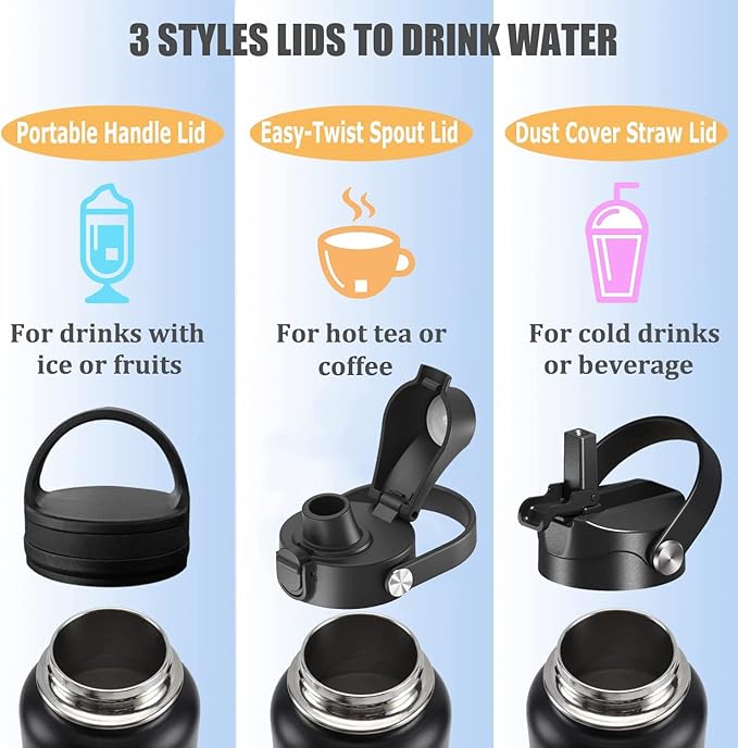 Water Bottle Insulated 32oz 40oz 64oz 128oz Straw Lid Spout Lid & 3 Lids, Leak Proof, Vacuum Insulated,Stainless Steel Water Bottle Wide Mouth for Sports, Gym or Office-GravixFit