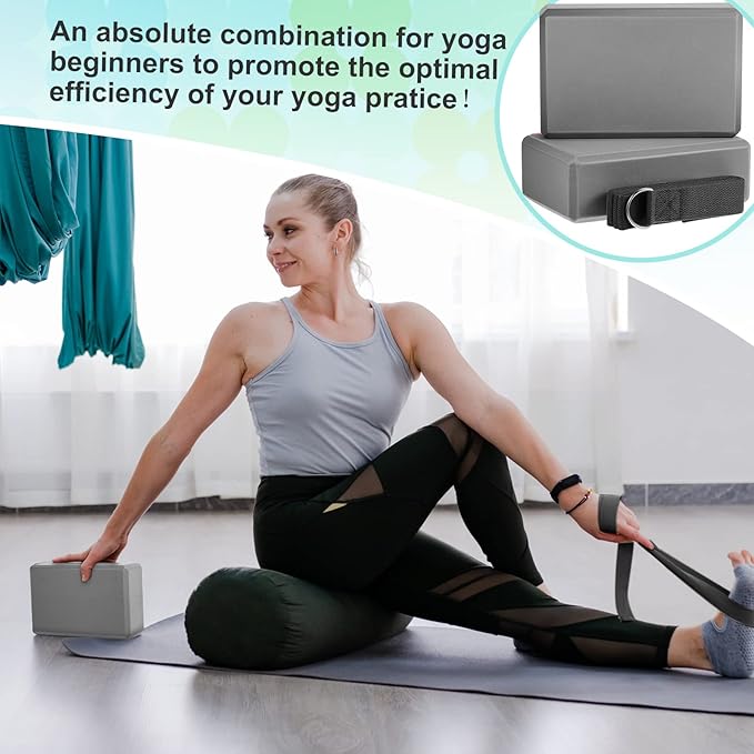 Meooeck 18 Pcs Yoga Block and Strap Set 9 x 6 x 3 Inch EVA Foam Non Slip Brick 8 ft Yoga Straps for Stretching D Ring Design for Back to School Pilates Fitness Workout Exercise-GravixFit