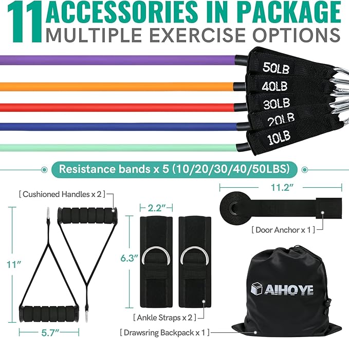 Aihoye Resistance Bands for Working Out, Exercise Bands with Handles, Stretch Bands for Exercise, Workout Bands with Door Anchors for Physical Therapy & Strength Training-GravixFit