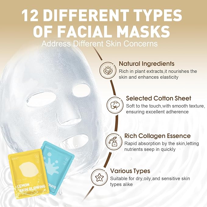 120 Pack Collagen Essence Sheet Face Masks Skincare, Moisturizing & Hydrating Face Mask for Skin Care, Bulk Face Masks for All Skin Types, Spa Party Gifts for Women (12 Types x 10 Pcs)-GravixFit