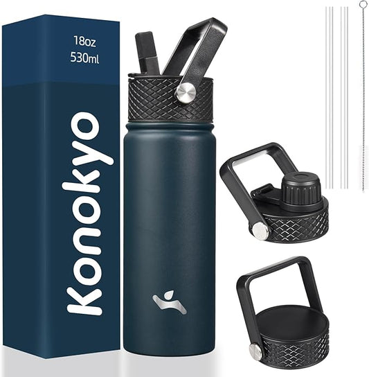 18 oz Insulated Water Bottle Stainless Steel Sport Bottles with 3 Lids,Navy Blue-GravixFit