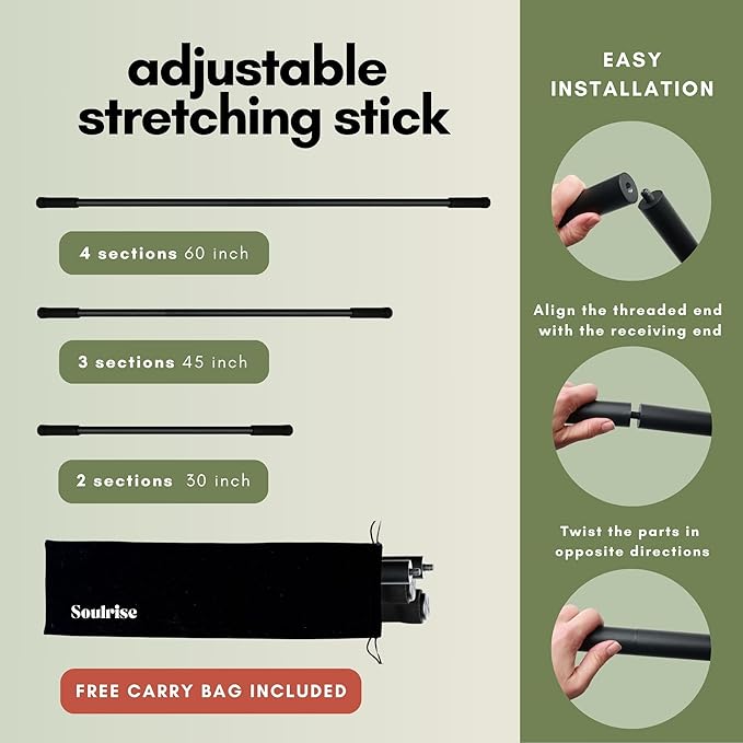 Yoga Stick for Mobility Exercise, Stretching, Pilates, Physical therapy, Fitness and other Workout - Adjustable 5 ft Pole will fix Posture, Stretch, Balance and Flexibility Training - Incl free E-book-GravixFit