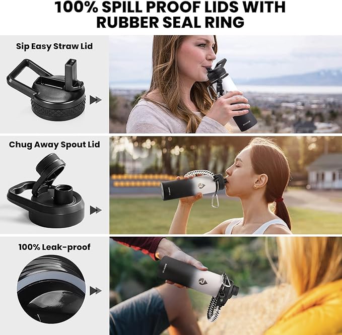 Insulated Water Bottle 20 oz, Triple Wall Vacuum Stainless Steel (Cold for 48 Hrs), Leak Proof & Non-BPA, Kids Water Bottle Jug for School with Straw Spout Lids, Ombre: White/Black-GravixFit