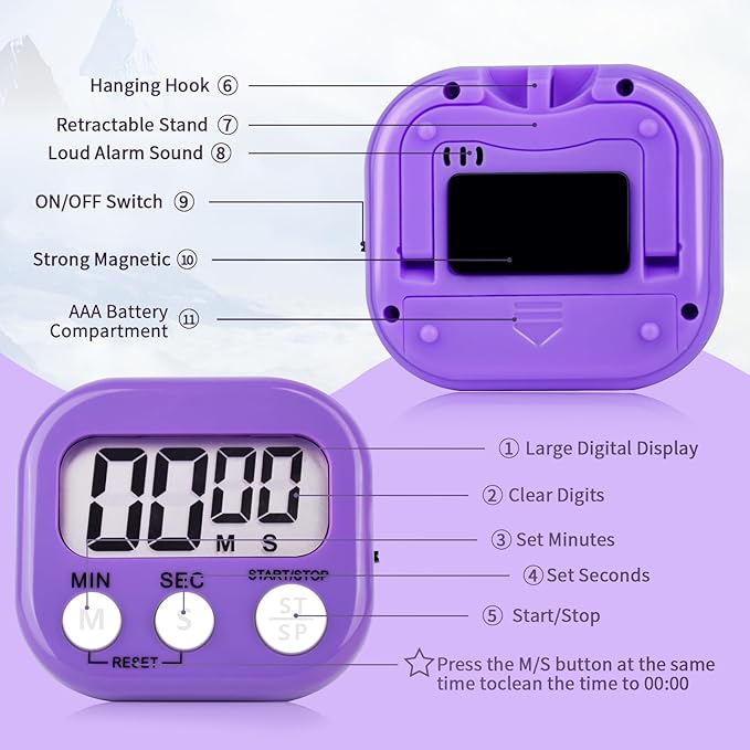 12 Pack Digital Kitchen Timer Magnetic Digital Timer with Big Display Loud Ring Cooking Timers for Kitchen Electronic Timer for Cooking, Bathing, Gym, Break Time, Classroom(12,White,Blue,Purple)-GravixFit