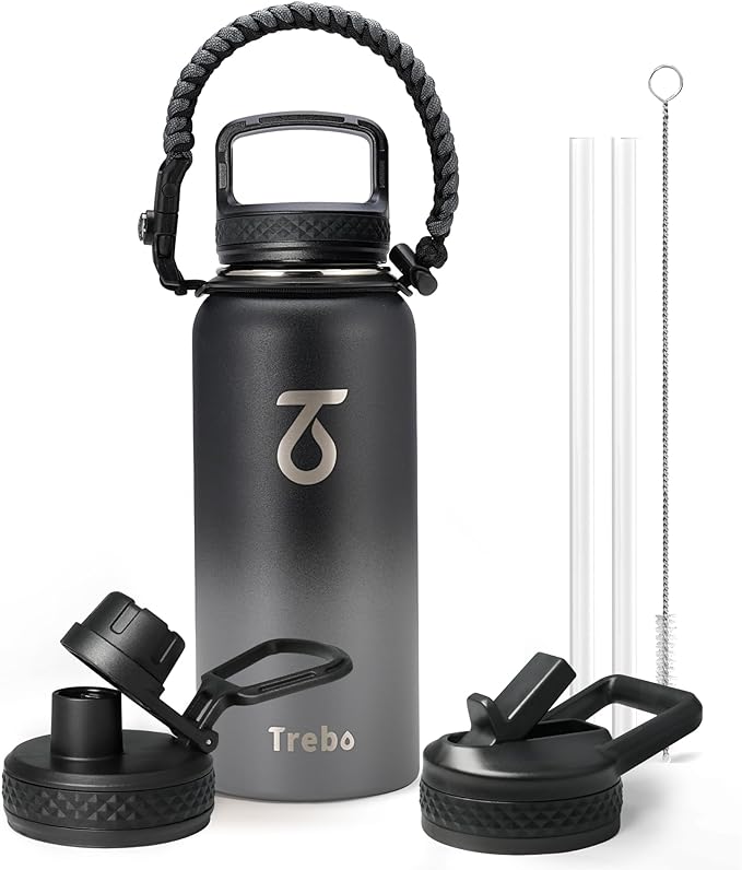 Trebo 32 oz Water Bottle Insulated with Paracord Handle and 3 Lids, Leakproof Stainless Steel Vacuum Water Jug Keep Cold 48 Hours, BPA-Free Gym Water Flask for Men Women Sports, Travel, Dark Gray-GravixFit