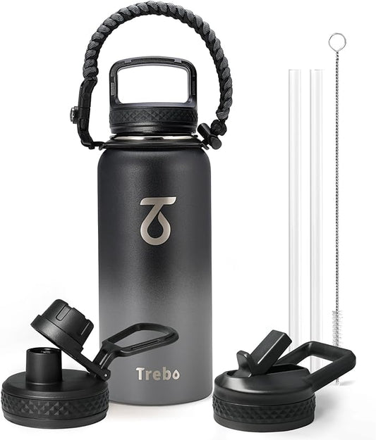 Trebo 32 oz Water Bottle Insulated with Paracord Handle and 3 Lids, Leakproof Stainless Steel Vacuum Water Jug Keep Cold 48 Hours, BPA-Free Gym Water Flask for Men Women Sports, Travel, Dark Gray-GravixFit