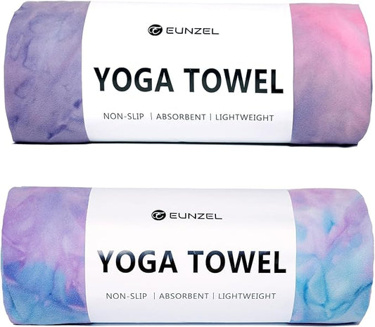 Eunzel 2 Pack Hot Yoga Towel Non Slip Yoga Mat Towel Non-Slip Sweat Absorbent Microfiber Towel for Hot Yoga, Pilates and Workout 72" x 26.5", Purple & Blue/Purple & Green-GravixFit